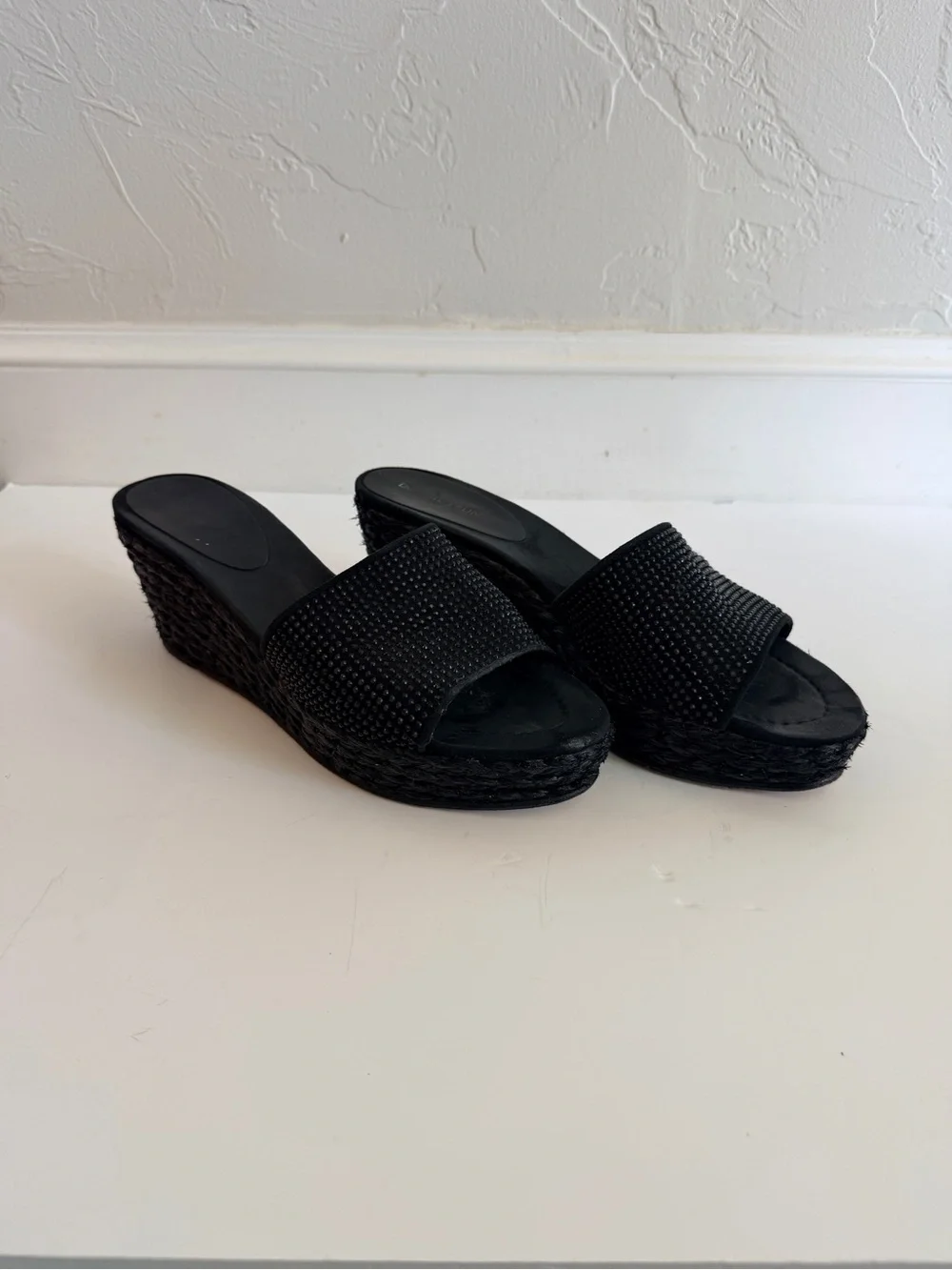 Donald Pliner Frida Black Woven Raffia Wedge Slide with Rhinestone detail. 9M